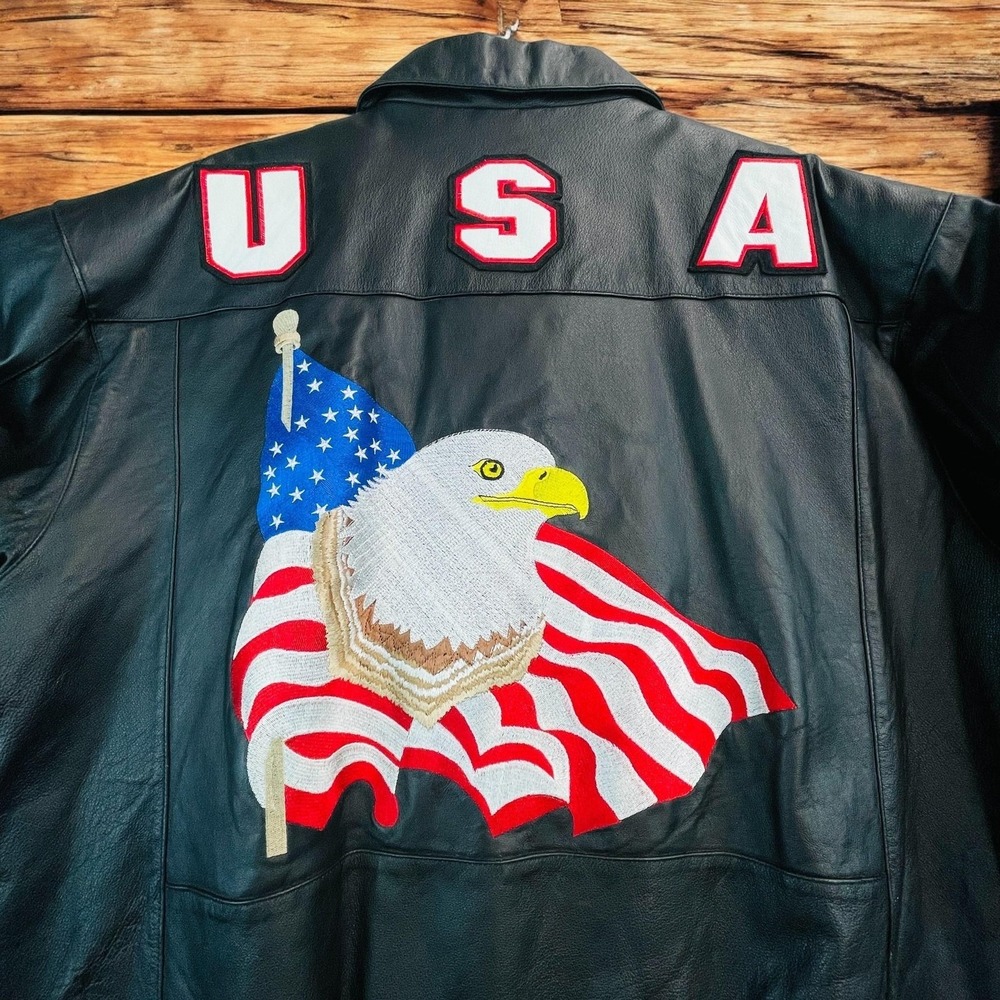 Vtg 90s Leather USA Jacket Mens 3XL Black Eagle American Flag Embroidered Bomber